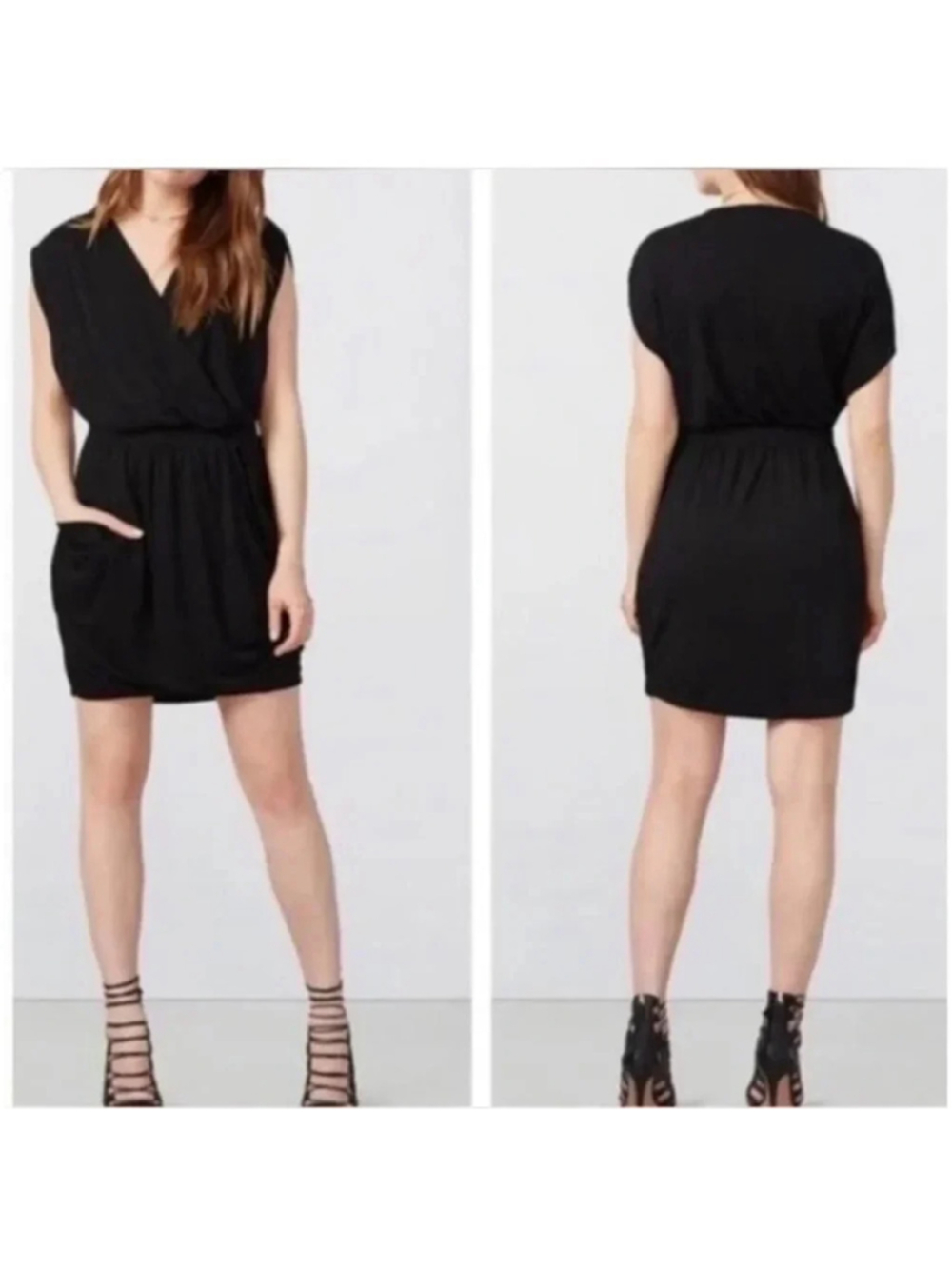 Rachel Roy 24Hour Black Dolman Sleeve Wrap Plunge Front Pocket Mini Dress Size M